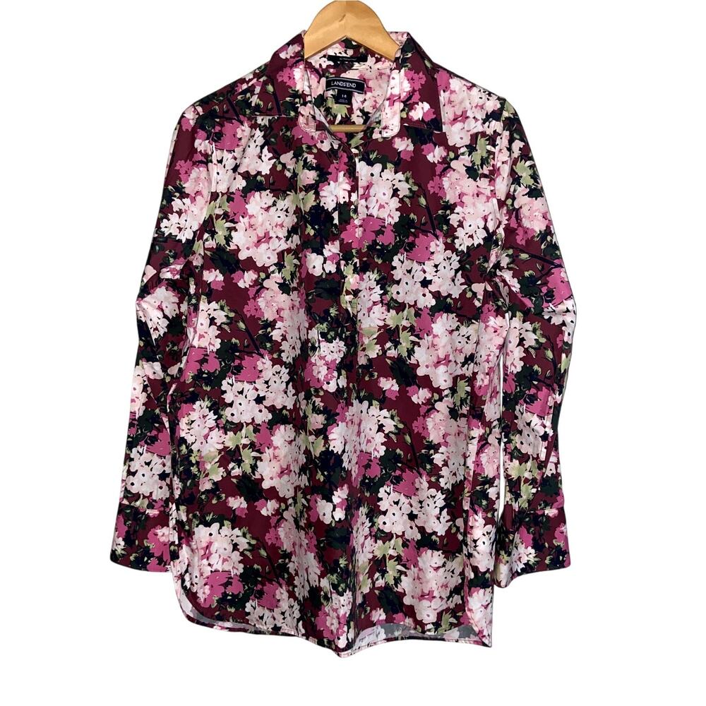 Lands End Popover Blouse Women's Size 14 Floral Cottagecore
